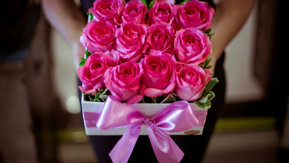 Pinke Rosen in einer Geschenkbox mit Schleife